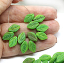 12x7mm Frosted green leaf Czech glass pressed beads - 30pc