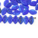 12x7mm Frosted blue leaf Czech glass pressed beads - 30pc