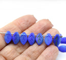 12x7mm Frosted blue leaf Czech glass pressed beads - 30pc