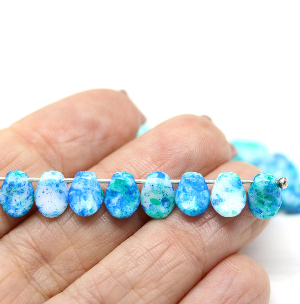 6x8mm Bright blue green drop beads Czech glass flower petals, 30pc