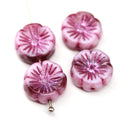 14mm Mixed pink pansy flower, Czech glass flat daisy, 4Pc