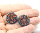19mm Blue coin czech glass beads pair copper ornament tablet shape 2pc