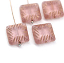 14mm Large carved square czech glass thick beads Rose pink copper, 4Pc