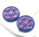 19mm Blue coin czech glass beads pair pink ornament tablet shape 2pc