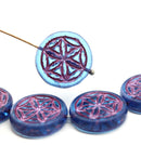 19mm Blue coin czech glass beads pair pink ornament tablet shape 2pc