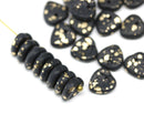 9mm Matte black heart shaped triangle leaf czech glass, golden flakes, 30pc