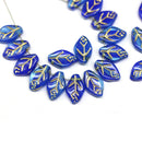 12x7mm Blue leaf czech glass beads, golden wash, 30pc