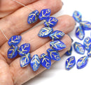 12x7mm Blue leaf czech glass beads, golden wash, 30pc
