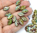 12x7mm Earthy colors leaf czech glass beads gold wash, 30pc