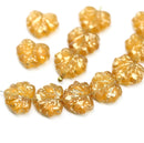 11x13mm Frosted yellow Czech glass maple leaf beads gold flakes - 10pc
