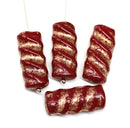 25x11mm Red Rectangular czech glass beads gold wash, 4Pc