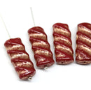 25x11mm Red Rectangular czech glass beads gold wash, 4Pc