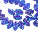 12x7mm Opal blue leaf beads, pink inlays - 30pc