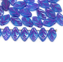 12x7mm Opal blue leaf beads, pink inlays - 30pc