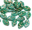 12x7mm Teal green leaf beads, copper inlays - 30pc