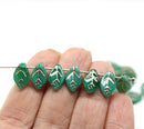 12x7mm Teal green leaf beads, copper inlays - 30pc