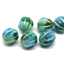 12mm Blue green melon czech glass beads, gold wash, 6pc