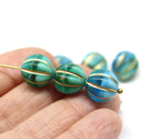 12mm Blue green melon czech glass beads, gold wash, 6pc