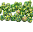 6mm Mixed green fancy Czech glass bicone beads, yellow inlays, 50pc