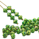 6mm Mixed green fancy Czech glass bicone beads, yellow inlays, 50pc