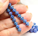 6mm Blue fancy bicone silver wash Czech glass pressed beads, 50pc