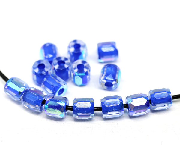 Bright blue czech glass fire polished barrel beads big hole 15pc