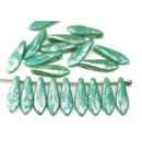 5x16mm Turquoise green silver wash dagger czech glass beads, 20pc