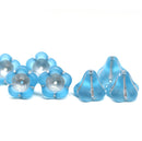 11x13mm Frosted blue trumpet flower Czech glass beads silver inlays, 6Pc