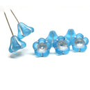 11x13mm Frosted blue trumpet flower Czech glass beads silver inlays, 6Pc