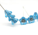 11x13mm Frosted blue trumpet flower Czech glass beads silver inlays, 6Pc