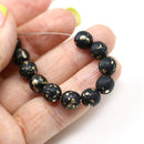 8mm Black with gold flakes round czech glass druk beads, 15Pc