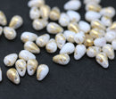 4x6mm White teardrop Czech glass beads, gold flakes, 50Pc