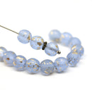 8mm Frosted blue round czech glass druk pressed beads, gold flakes, 15Pc