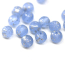 8mm Frosted blue round czech glass druk pressed beads, silver flakes, 15Pc