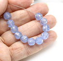 8mm Frosted blue round czech glass druk pressed beads, silver flakes, 15Pc