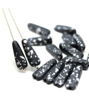 17x6mm Long black triangle beads silver flakes Czech glass, 15Pc