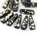 17x6mm Long black triangle beads golden flakes Czech glass, 15Pc