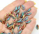 10x6mm Blue beige Czech glass pressed leavf beads, red inlays, 40Pc