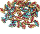 10x6mm Blue beige Czech glass pressed leavf beads, red inlays, 40Pc