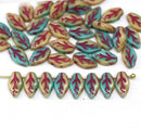 10x6mm Blue beige Czech glass pressed leavf beads, red inlays, 40Pc