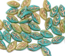 10x6mm Green beige Czech glass pressed leavf beads, copper inlays, 40Pc