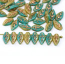 10x6mm Green beige Czech glass pressed leavf beads, copper inlays, 40Pc