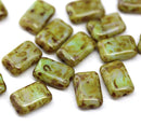 12x8mm Rectangle picasso green czech glass beads, 15pc