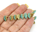 10x6mm Green beige Czech glass pressed leavf beads, copper inlays, 40Pc