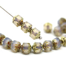 6mm Frosted opal glass cathedral beads Czech glass golden ends 20Pc