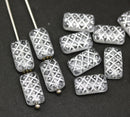 13x7mm Clear ornament rectangle pillows czech glass beads, silver wash, 12pc