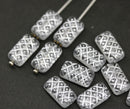 13x7mm Clear ornament rectangle pillows czech glass beads, silver wash, 12pc