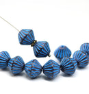 11mm Purple czech glass bicone beads blue stripes, 10pc