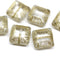 14mm Large carved square czech glass thick beads Crystal clear golden wash, 6Pc