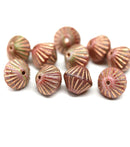 11mm Pink czech glass bicone beads golden stripes, 10pc